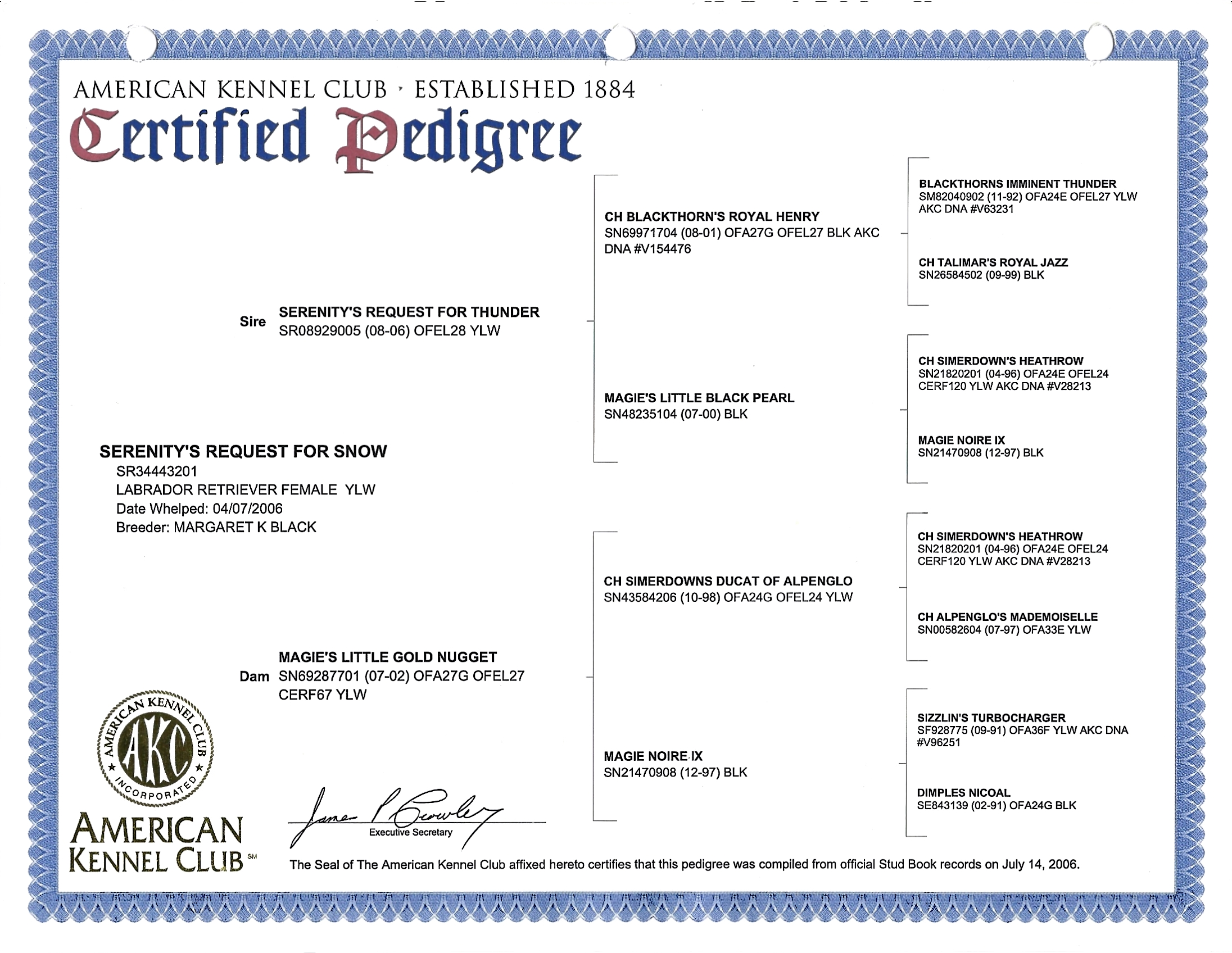 Pedigree for Serenitys Request for Snow (Judith)